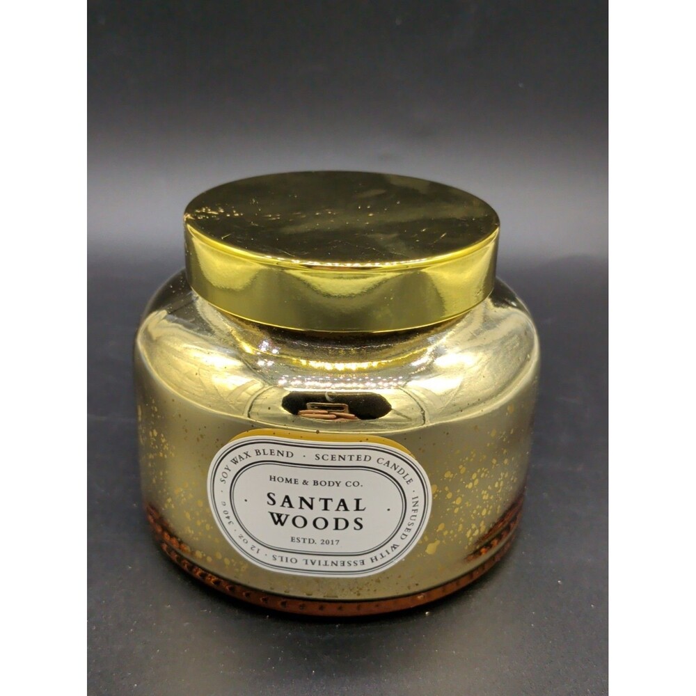 Scented Candle Santal Woods Soy Wax Blend Home & Body Co 12oz Gold Glass